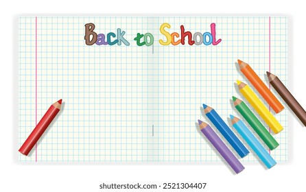 Plaid notebook sheet with colored pencils. Web design template for the Back to School concept.  Close-up. 