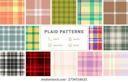 Plaid pack designed for DIY party e-commerce. Ready-to-use tartan patterns boost product presentation. Vector files are editable.