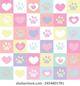 
Plaid pastel hearts and paws pattern