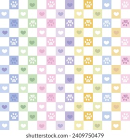 Plaid pastel pattern Valentine's Day design with paw prints. Seamless fabric  pattern