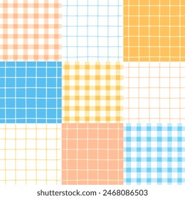 Plaid patchwork quilt check seamless vector pattern. Hand-drawn pastel grid vichy gingham check background. Crossed lines vintage plaid cheat quilt repeat print in peach pink, orange, yellow and blue.