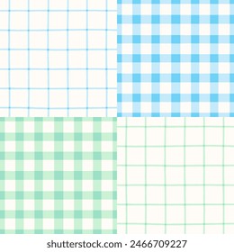 Cuadros de tela de parche gingham comprobar patrón de Vector sin fisuras. Dibujado a mano azul claro y verde menta cuadrícula vichy check, fondo blanco. Líneas cruzadas de tela vintage a cuadros repetir impresión de fondo pastel.