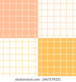 Plaid patchwork quilt seamless vector pattern. Hand-drawn grid check on peach pink, mustard orange and white background. Crossed lines vintage plaid cheat quilt repeat print on a pastel background.