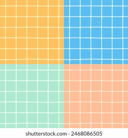 Plaid patchwork quilt seamless vector pattern. Hand-drawn grid check on peach pink, mint green, blue and mustard orange background. Crossed lines vintage plaid quilt repeat print on pastel background.