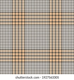 Plaid pattern abstract glen in brown, soft yellow, white. Herringbone textured seamless decorative light background for jacket, coat, skirt, blanket, throw, other modern spring autumn textile print.