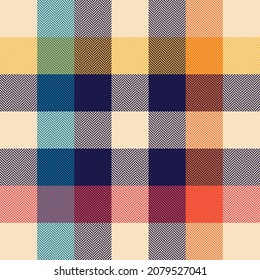 Plaid pattern for autumn winter in navy blue, orange, red, yellow, beige. Seamless herringbone multicolored tartan check pattern for scarf, blanket, duvet cover, throw, other fashion textile design.