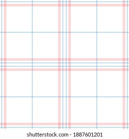 Plaid Pattern In Baby Pink, Blue, White. Seamless Tartan Check Plaid Vector Graphic For Womenswear Flannel Shirt, Skirt, Blanket, Tablecloth, Or Other Modern Spring And Summer Textile Design.