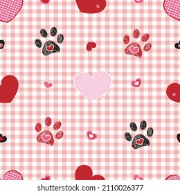Plaid pattern baby pink with Valentine's Day concept. Paw print with heart seamless fabric design pattern or background
