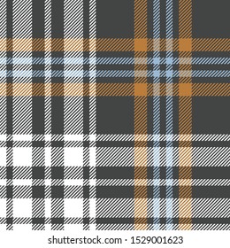 Plaid pattern background. Seamless check plaid graphic in dark grey, brown orange, light blue, and white for flannel shirt, blanket, throw, upholstery, or other modern fabric design.