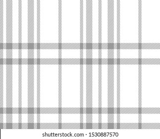 Plaid pattern background. Seamless grey and white light asymmetric check plaid graphic for flannel shirt, blanket, throw, upholstery, duvet cover, or other modern textile design.