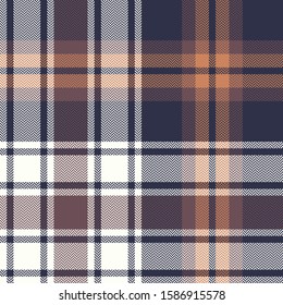 Plaid pattern background. Seamless herringbone check plaid graphic in dark blue, brown, orange, and off white for flannel shirt, blanket, duvet cover, or other autumn winter fabric design.