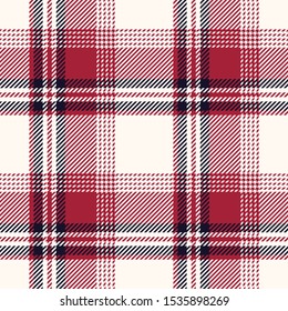 Plaid pattern background. Seamless striped check plaid graphic in dark blue, red, and off white for flannel shirt, blanket, throw, upholstery, or other modern fabric design.