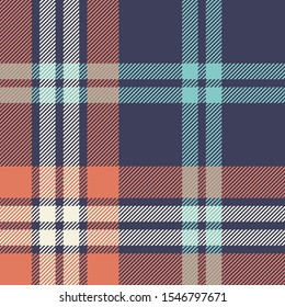 Plaid pattern background. Seamless striped check plaid graphic in blue, orange, turquoise, and off white for flannel shirt, blanket, throw, or other modern summer fabric design.