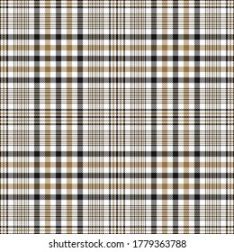 Plaid pattern beautiful tartan glen check vector in black, gold, white. Seamless autumn textured hounds tooth graphic for skirt, coat, blanket, throw, or other modern tweed textile print.