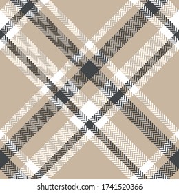 Plaid-Muster in Beige, Grau, Weiß. Nahtlose Diagonal-Kräuterknochen-Kontrollgrafik für Flanellhemd, Decke, Wurf, Bettdecke oder andere Herbstwinterstoffe.