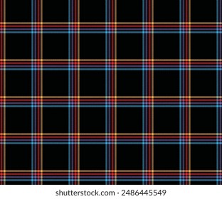 Plaid pattern, black, blue, red, yellow, seamless for textiles and design clothing, skirts, pants, aprons, tablecloths, blankets or decorative fabrics. Vector illustration.