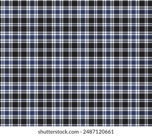 Plaid pattern, black, blue, white, seamless for textiles and design clothing, skirts, pants, aprons, tablecloths, blankets or decorative fabrics. Vector illustration.