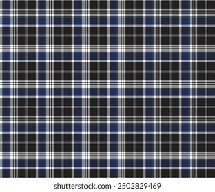 Plaid pattern, black, blue, white, seamless for textiles and design clothing, skirts, pants, aprons, tablecloths, blankets or decorative fabrics. Vector illustration.