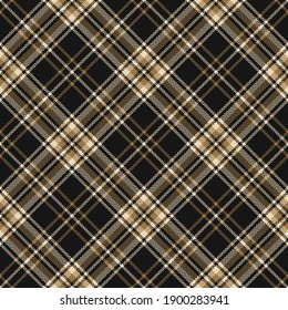 Plaid pattern in black, gold brown, beige. Herringbone textured seamless dark check background for flannel shirt, skirt, blanket, or other modern autumn winter fashion textile print.