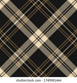 Plaid pattern in black and gold. Seamless diagonal tartan geometric design for flannel shirt, tablecloth, or other modern autumn and winter textile print.