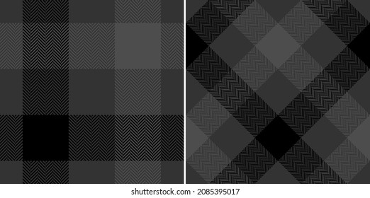 Plaid pattern in black and graphite grey. Herringbone textured seamless dark buffalo check set for autumn winter scarf, flannel shirt, blanket, duvet cover, skirt, other prints. Simple design.