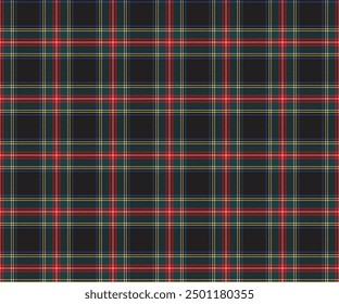 Plaid pattern, black, green, red, seamless for textiles and design clothing, skirts, pants, aprons, tablecloths, blankets or decorative fabrics. Vector illustration.