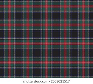 Plaid pattern, black, green, red, white, seamless for textiles and design clothing, skirts, pants, aprons, tablecloths, blankets or decorative fabrics. Vector illustration.