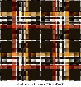 Plaid pattern in black, orange red, mustard yellow, white. Seamless dark bright tartan check for flannel shirt, blanket, duvet cover, other modern spring autumn winter fashion textile print.