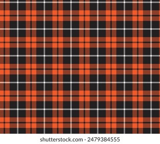 Patrón de cuadros, negro, naranja, blanco, sin costuras para textiles, y para el diseño de ropa, faldas, pantalones o tela decorativa. Ilustración vectorial.