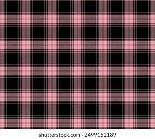 Plaid pattern, black, pink, seamless for textiles and design clothing, skirts, pants, aprons, tablecloths, blankets or decorative fabrics. Vector illustration.