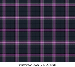 Plaid pattern, black, purple, white, seamless for textiles and design clothing, skirts, pants, aprons, tablecloths, blankets or decorative fabrics. Vector illustration.