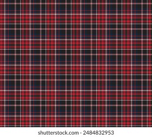 Plaid pattern, black, red, blue, white, seamless for textiles and design clothing, skirts, pants, aprons, tablecloths, blankets or decorative fabrics. Vector illustration.