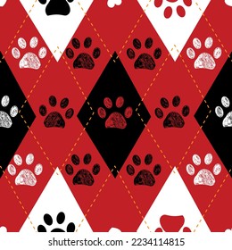 Plaid pattern black and red paw prints. Happy Valentine's Day seamless fabric design pattern