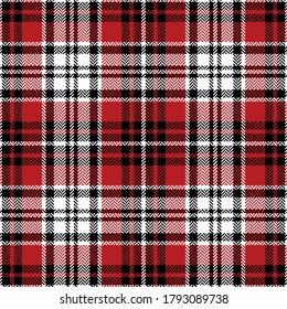 Plaid pattern in black, red, white. Herringbone textured seamless bright tartan check plaid background for flannel shirt or other modern autumn winter textile print.
