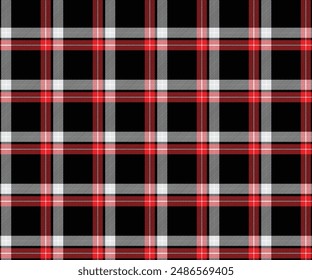 Plaid-Muster, schwarz, rot, weiß, nahtlos für Textilien und Designbekleidung, Röcke, Hosen, Schürzen, Tischdecken, Decken oder Dekorationsstoffe. Vektorillustration.