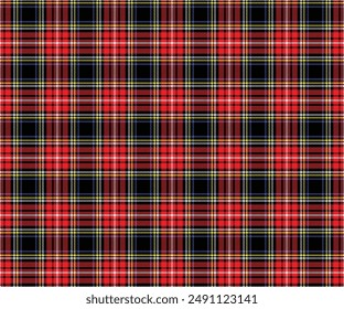 Plaid pattern, black, red, white, yellow, blue, seamless for textiles and design clothing, skirts, pants, aprons, tablecloths, blankets or decorative fabrics. Vector illustration.