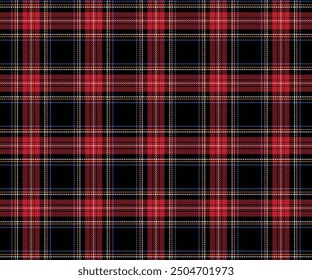 Plaid pattern, black, red, white, yellow, blue, seamless for textiles and design clothing, skirts, pants, aprons, tablecloths, blankets or decorative fabrics. Vector illustration.