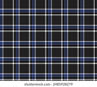 Plaid pattern, black, white, blue, seamless for textiles and design clothing, skirts, pants, aprons, tablecloths, blankets or decorative fabrics. Vector illustration.