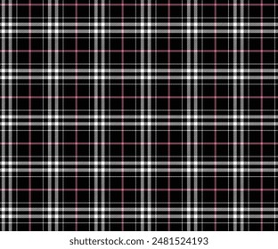 Plaid pattern, black, white, pink, seamless for textiles, and for designing clothing, skirts, pants or decorative fabric. Vector illustration.