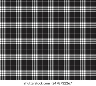 Plaid pattern, black, white, seamless for textiles, and for designing clothing, skirts, pants, tablecloths, blankets, aprons or decorative fabrics. Vector illustration.