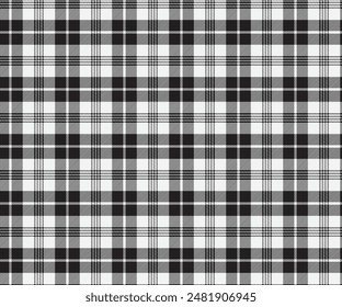 Plaid pattern, black, white, seamless for textiles, and for designing clothes, skirts, pants, tablecloths, aprons or decorative fabrics. Vector illustration.