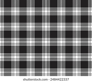 Plaid pattern, black, white, seamless for textiles and design clothing, skirts, pants, aprons, tablecloths, blankets or decorative fabrics. Vector illustration.