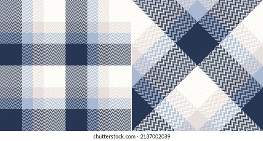 Plaid pattern in blue, beige, white. Herringbone textured seamless mosaic color block tartan check vector for flannel shirt, blanket, scarf, duvet cover, other spring summer autumn winter print.