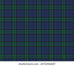 Plaid pattern, blue, green, black, seamless for textiles, and for designing clothing, skirts, pants or decorative fabric. Vector illustration.