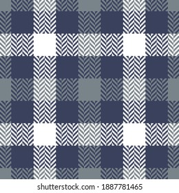 Plaid pattern in blue, grey, white. Herringbone simple textured tartan checked background for flannel shirt, skirt, blanket, duvet cover, or other modern autumn and winter fashion textile print.