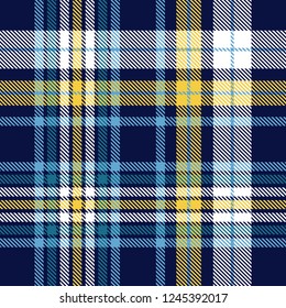 Plaid pattern in blue, navy, yellow and white.