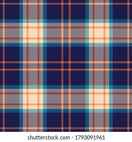 Plaid pattern in blue, orange, beige. Seamless dark tartan check plaid for flannel shirt or other autumn winter textile print. Herringbone woven pixel texture.