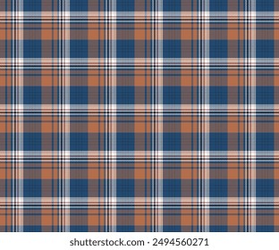 Plaid pattern, blue, orange, white, black, seamless for textiles and design clothing, skirts, pants, aprons, tablecloths, blankets or decorative fabrics. Vector illustration.