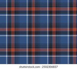 Plaid pattern, blue, orange, white, black, seamless pattern for textiles and design of clothing, skirts, pants, aprons, tablecloths, blankets or decorative fabrics. Vector illustration.