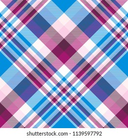 Plaid pattern in blue, pink, purple and white. Seamless print.